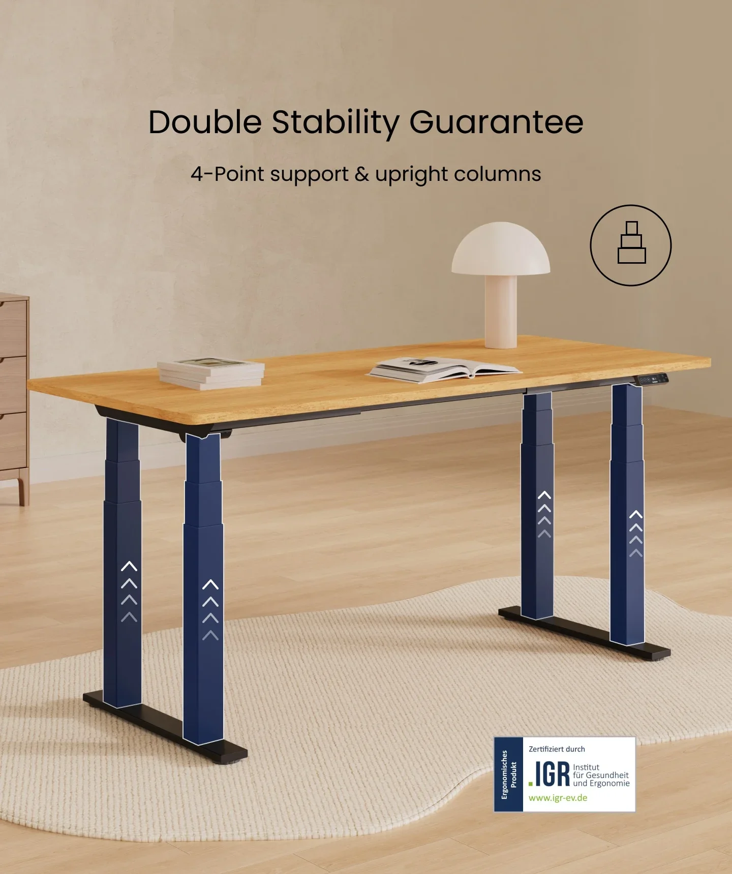 E7 Plus with bamboo top and four legs highlighted in blue with up arrows, headed "Double Stability Guarantee", with a FlexiSpot badge.