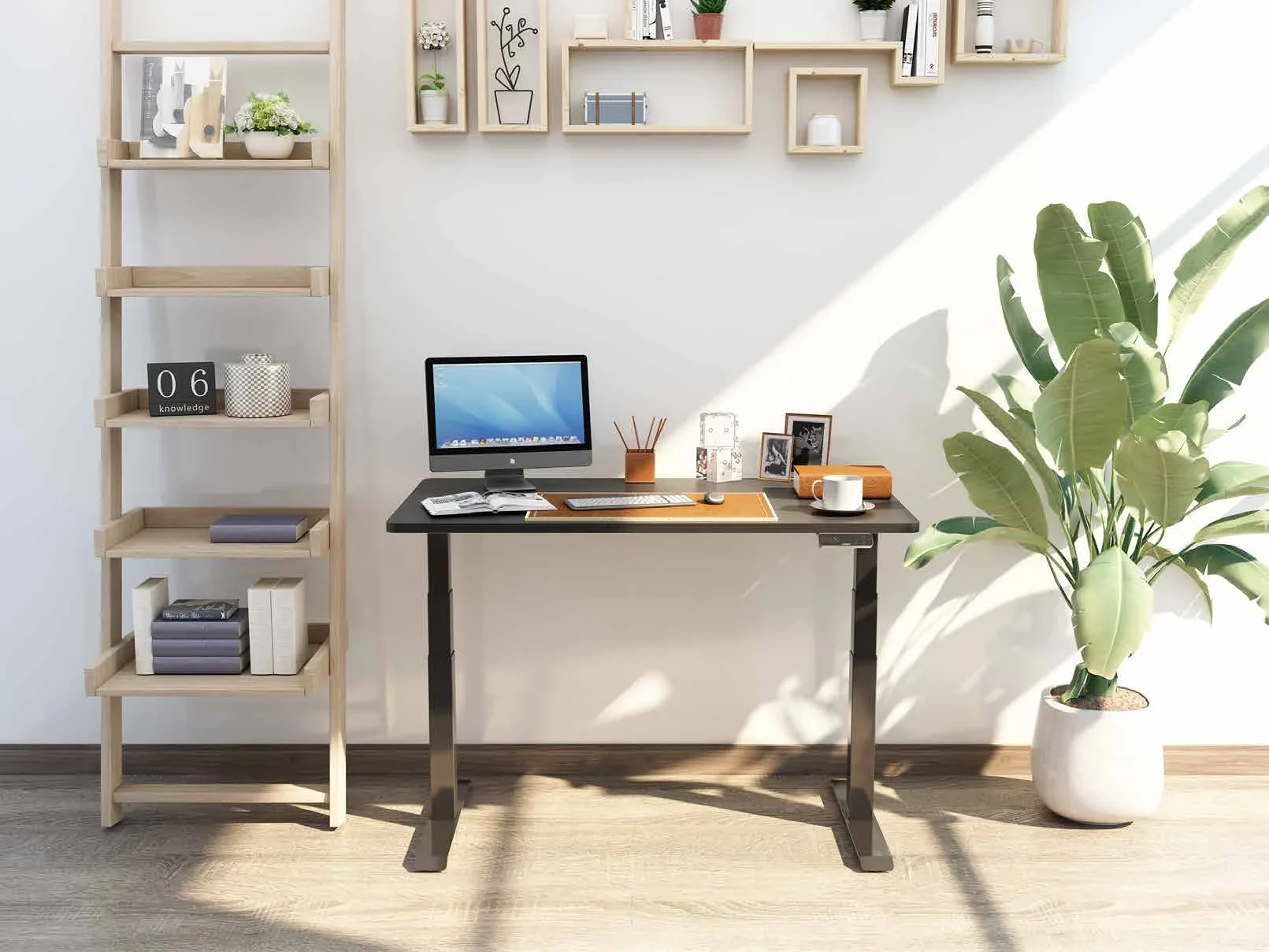 Bright room with a black-frame desk and dark top, an iMac, a leaning ladder shelf and a large potted plant.