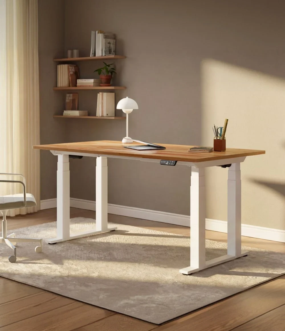 Portrait shot of a white four-leg frame with a warm rubberwood-style top in a sunlit taupe study with floating shelves, mushroom lamp and white chair.