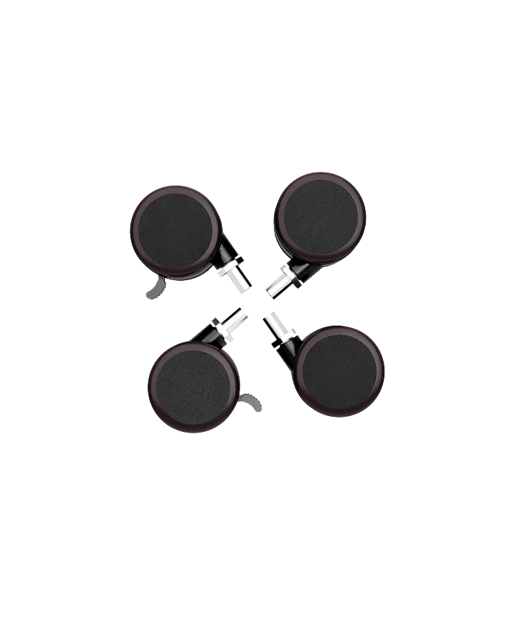 Top-down studio shot of four black locking casters with mounting plates on light grey.